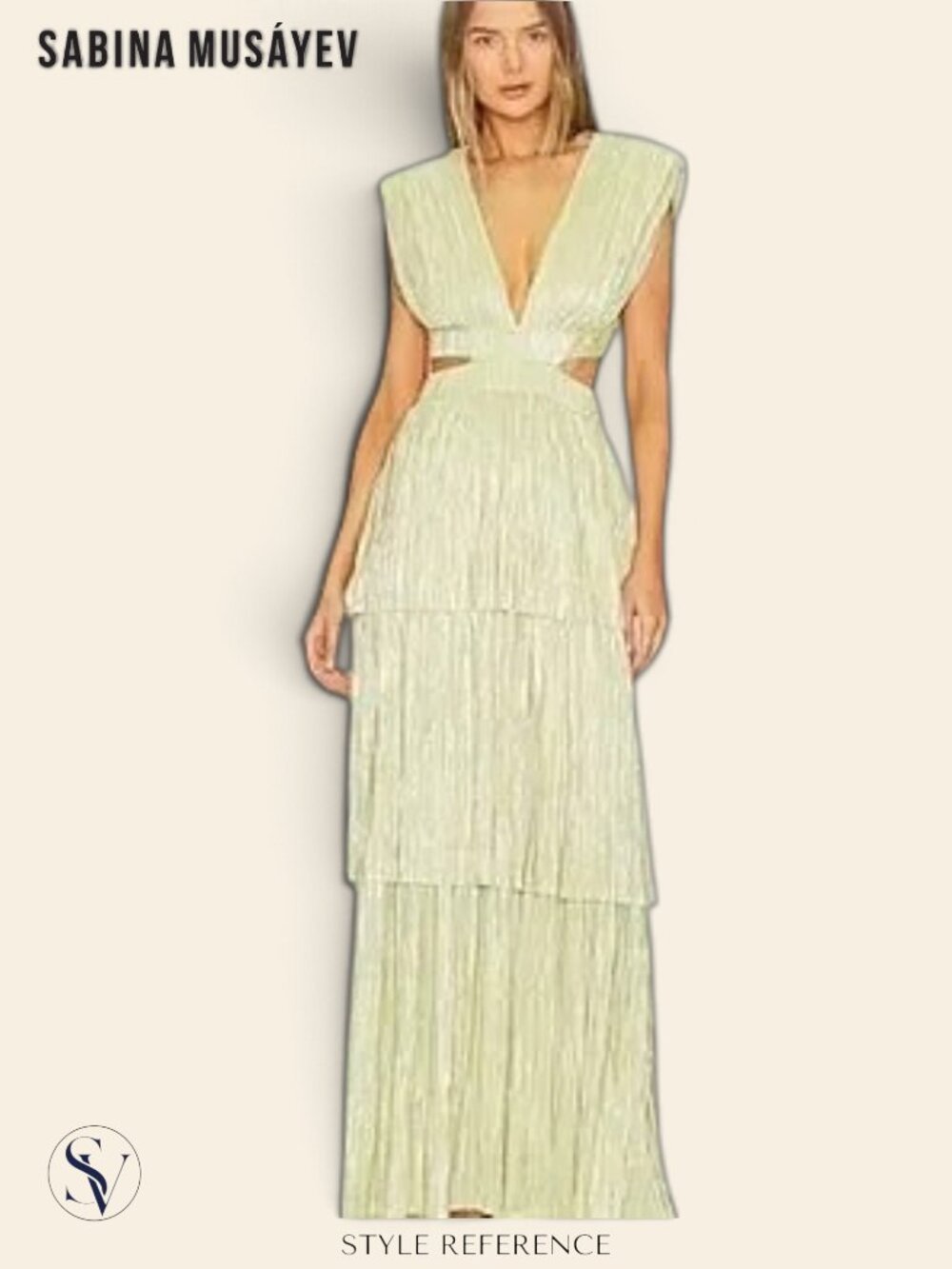 Sabina Musayev Athena Pleated Metallic Tiered Maxi Gown Size L